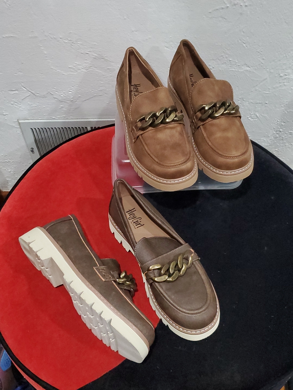 2 Pair Hey Girl by Corkys Literally Tan Suede Loafer Chunky Chain Size 11 - Picture 2 of 15